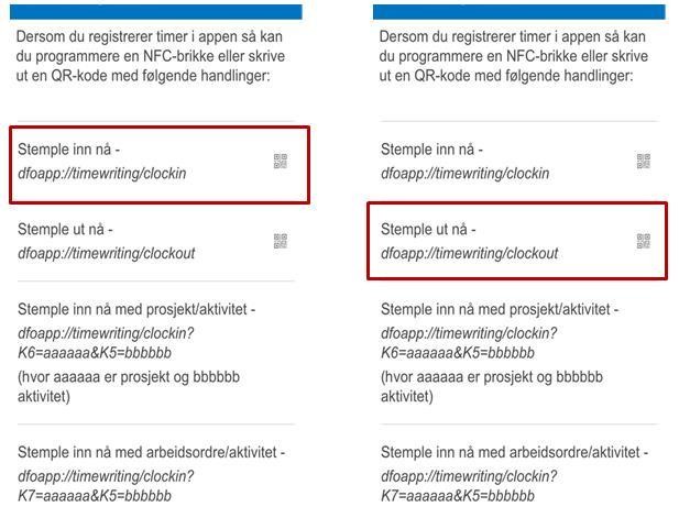 Oversiktsbilde NFC og QR kode med markering for stemple inn og stemple ut 